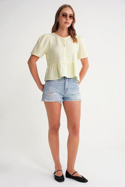Mixray 4713 Women's Gathered Waist, Elastic Sleeves, Loose Muslin Blouse, Pastel Yellow