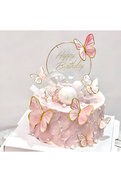 Parti Furyası 63 Adet Pasta Balon Üzeri Dekor Kelebek Süsler Pembe Pasta Balo...