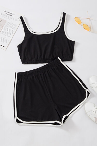 Avastyle Kadın Siyah Askılı Crop Top Ve Şortlu Gecelik Takım Ava