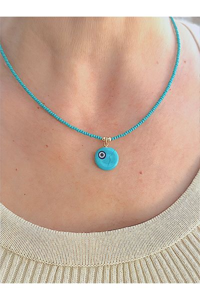 Quella Takı Lak Coated Plate Evil Eye Bead Gold Necklace