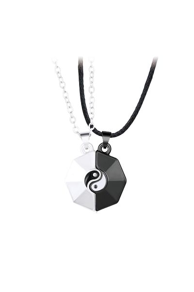 Tessero Set de doua lantisoare cu pandantiv cu magnet, model Yin si Yang, pentru cupluri, prieteni, argintiu