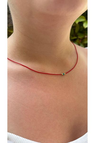 elamindunyasi Red String Dorica Beads and Turquoise Stone, Back Elevator Necklace