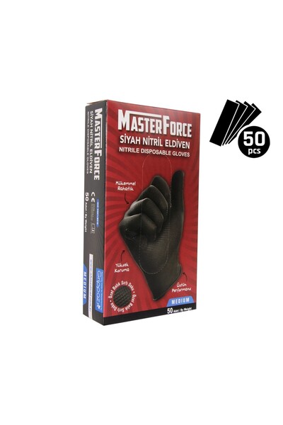 MasterForce Master Force Balık Sırtı Nitril Eldiven (M Beden) 50'li Siyah