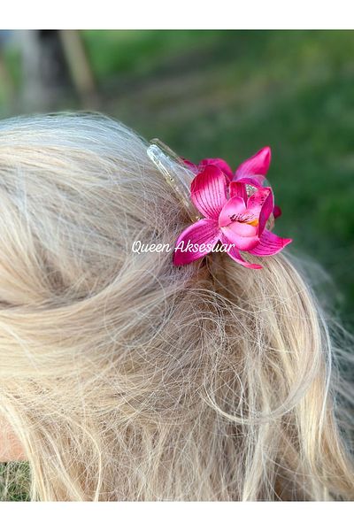 QUEEN AKSESUAR Trend Exotic Artificial Lilies Orchid Flower Transparent Hasp Buckle Transition Fuchsia Pink White