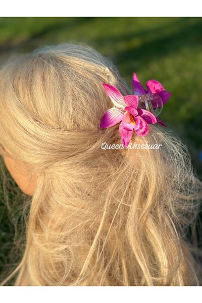 QUEEN AKSESUAR Trend Exotic Artificial Orchid Flower Transparent Clothespin Buckle Transition Fuchsia Pink