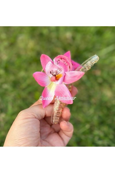 QUEEN AKSESUAR Trend Exotic Artificial Lilies Orchid Flower Transparent Hasp Buckle Transition Pink White