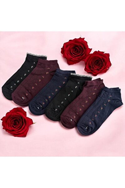 Forever 6'lı Kadın Zarif Gül Desenli Patik Çorap Paketi (Siyah-Bordo-Lacivert)