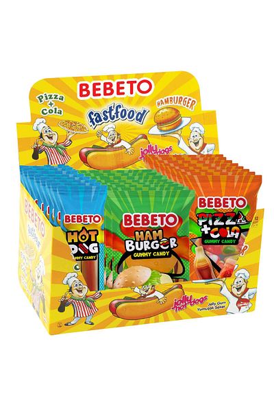 BEBETO Jelly Fast Food 28g – Cutie 24 Bucăți, 3 Sortimente (Burger, Pizza, Hot Dog)