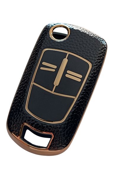 Kasey Opel Astra H Corsa D Meriva Compatible Key Control Case Auto Keychain Leather Patterned Black Gold