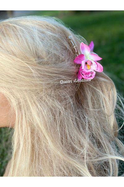 QUEEN AKSESUAR Trend Exotic Artificial Lilies Orchid Flower Transparent Hasp Buckle Transition Pink White