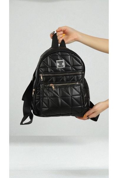 MAMIN Women's Black Quilted Multi-Eye Stylish Backpack