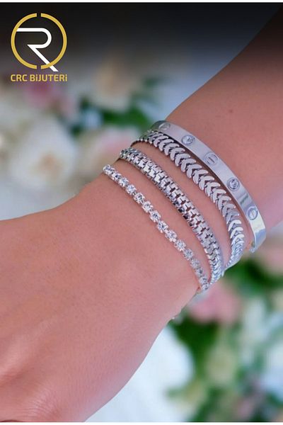 Crc Bijuteri Women's Silver Color 4-Piece Bracelet Combination Set - Stone Handcuffs, Waterway, Chain and Leaf Model