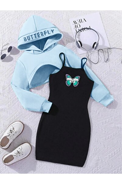 NoVibe Rochie pentru copii Butterfly cu imprimeu și Crop Swea tricou Combinaț...