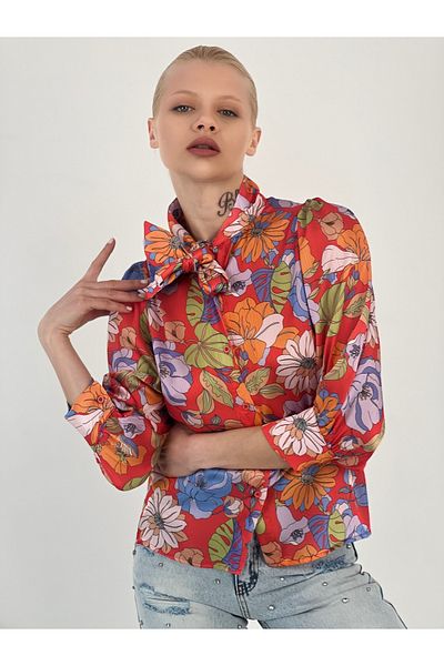 Miss Poem Women's Patterned Red Shirt with Scarf Collar