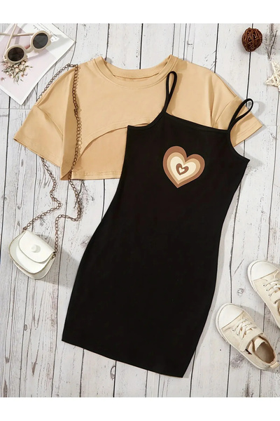 NoVibe Rochie imprimată inimă pentru copii și tricou crop Combinație 2 piese
