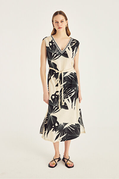 Naramaxx Desenli Maxi Boy Keten Elbise
