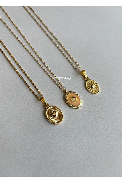 aksesuaris 3'lü Mineli Kalp Pole Star Detay Gold Kadın Kolye Kombin Set