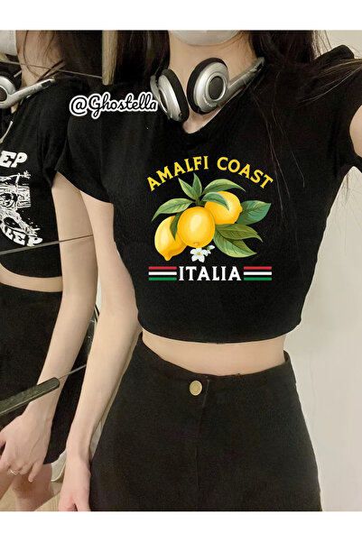 Minga London Μπλούζα Lemon Italia Black Crop-Ghostella