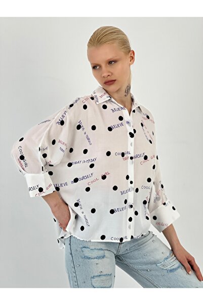 Miss Poem Women's Text Printed Dotted Oversize Ecru Shirt