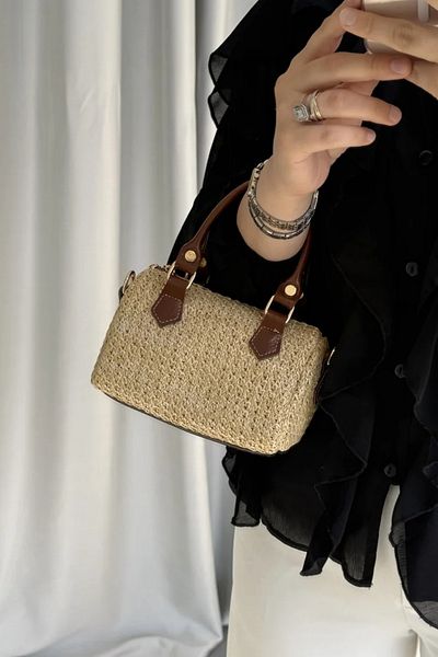 LEONAS Γυναικεία τσάντα χεριού και ώμου Little Straw Clarise Brown