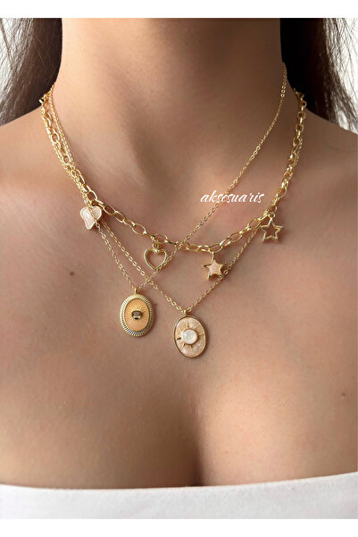 aksesuaris 3'lü Mineli Kalp Yıldız Charm Gold Kadın Kolye Kombin