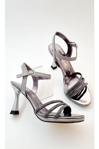 MSF16SHOES Antrasit Platin Renk İnce Topuklu Kadın Abiye Ayakkabı