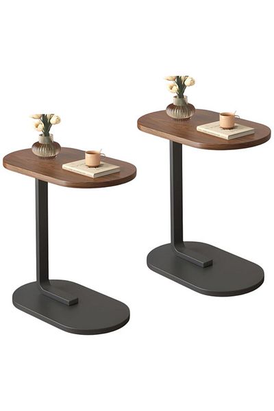 Generic 2-Pieces Modern Coffee Table | C-Shaped Side Table with Brown Wood Top and Black Metal Frame