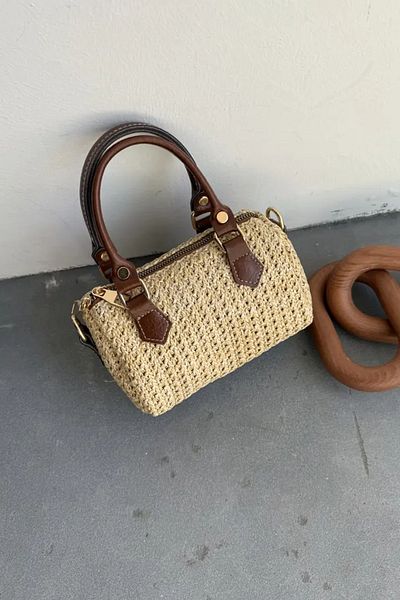LEONAS Γυναικεία τσάντα χεριού και ώμου Little Straw Clarise Brown