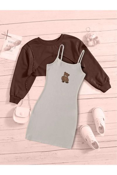 NoVibe Children's Teddy Bear Print Dress & Crop Sweat Combination