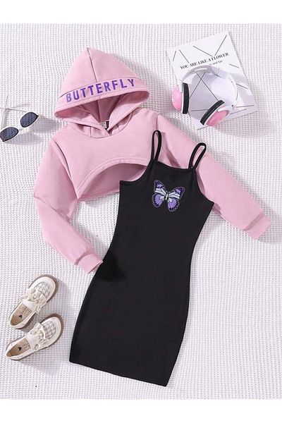 NoVibe Kids Butterfly Printed Dress & Crop Sweatshirt 2 Piece Combo