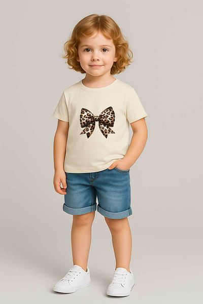 peki baby&kids Well Yaz Girl's Single Jersey Leopard Ribbon T-Shirt 19600