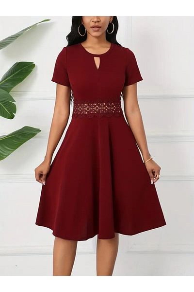 Monapera Short Sleeve Waist Lace Detail Mini Dress