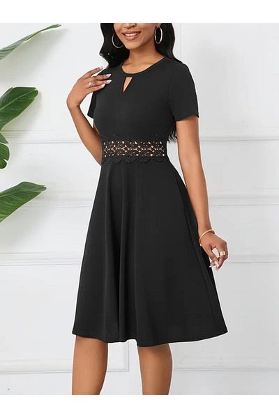 Monapera Short Sleeve Waist Lace Detail Mini Dress