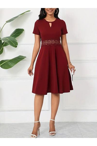 Monapera Short Sleeve Waist Lace Detail Mini Dress