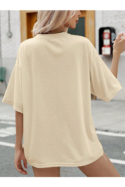 BEETON Hearts T-Shirt - Beige Printed Oversize Crew Neck Short Sleeve T-Shirt