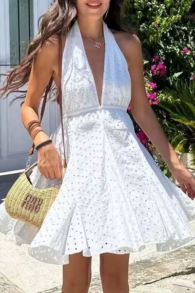 FASHION COCKTAIL Marilyn Monroe Scalloped Back Low-Cut Lace-Up Hollowed-Out Bell Skirt Wavy Flared Skirt Summer Vacation Dress