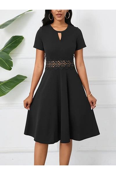 Monapera Short Sleeve Waist Lace Detail Mini Dress