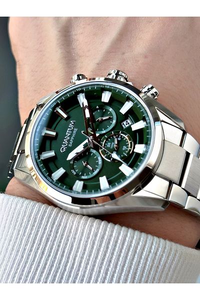 Quantum Function 24 Months Guarantee Silver-Green Sapphire Glass Color Men's Watch 1219S.370Mr