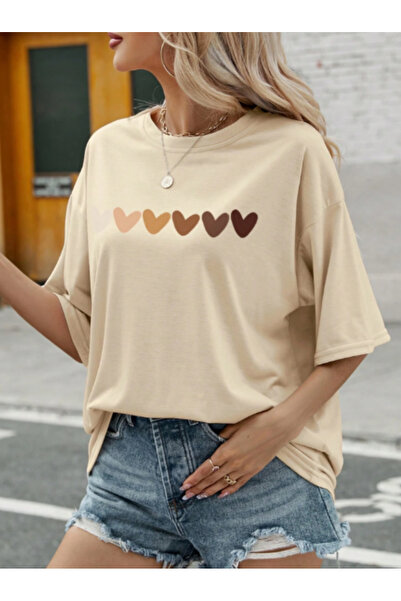BEETON Hearts T-Shirt - Beige Printed Oversize Crew Neck Short Sleeve T-Shirt