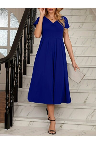 MODA Eyesof Women's Short Sleeve V-Neck Front Pleated Midi Janjan Crepe Dress