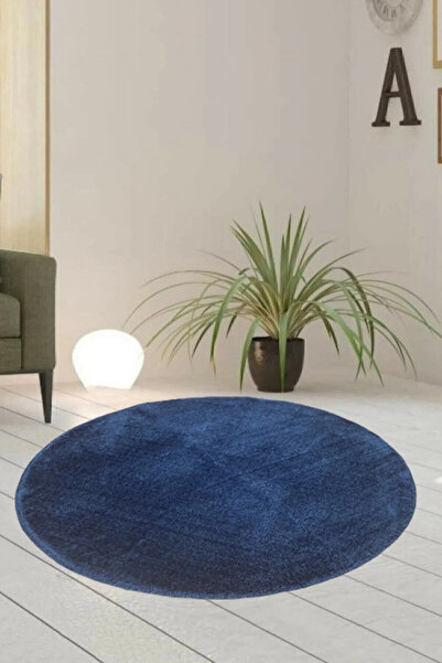 LİNOS HOME Puffy Mavi Yuvarlak Overlok Peluş Halı Yumuşacık Yıkanabilir Kayma...