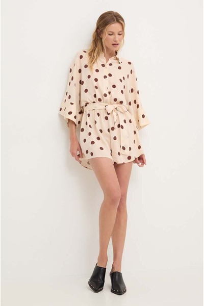 FASHION COCKTAIL Boyfriend Gömlek Tarzı Düğmeli Yarım Kollu İnce Yazlık Puanlı Puantiyeli Şort Tulum Bej