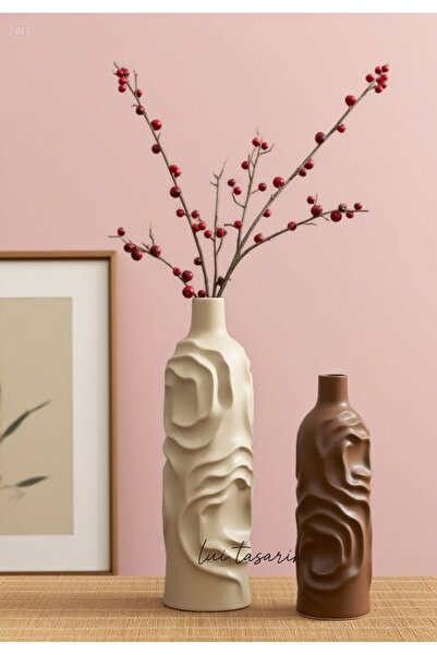 Lui Tasarım Krem kahve Rengi Vazo 2'li Seramik Set Arin Vazo Bohem İskandinav Japon Tarzı