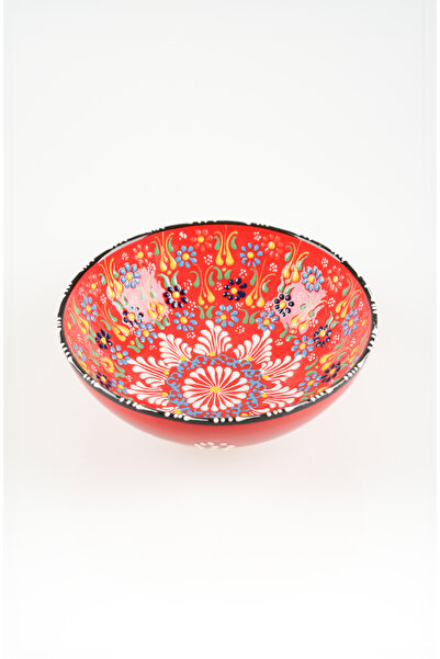 ADEN LİNA ART WORKSHOP 20 cm Ceramic Bowl with Handmade Red Tulip Motif