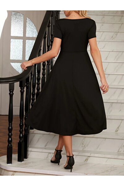 JANES Γυναικείο κοντομάνικο V λαιμόκοψη μπροστινό πλισέ Midi Janjan Crepe φόρεμα