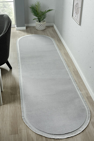 LİNOS HOME Puffy Light Gray Oval Flat Fringed Plush Runner Soft Washable Non-Slip Base Carpet Entrance Living Room