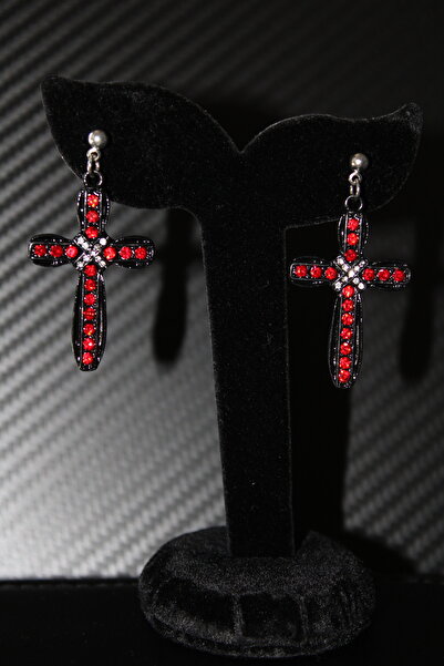 Mournbelle Gotik Bloodlit Cross Taşlı Haç Küpe