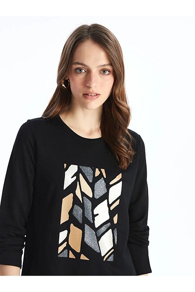 LC Waikiki Lcwaikiki Basic Black Crew Neck Printed Women's Sweatshirt Tunic