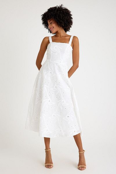 NİLİST Fisto Special Design Fabric White Midi Dress