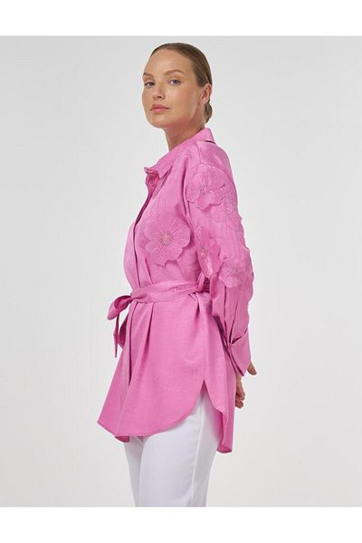 Kayra Floral Appliqued Satin Tunic Candy Pink
